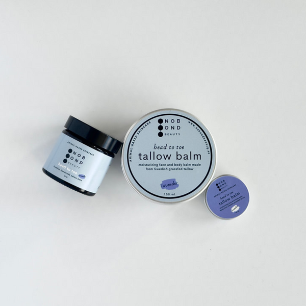 No Bond Beautys lavendelbalsam i tre storlekar – naturlig tallow balm för ansikte och kropp med svensk gräsbetestalj och eterisk lavendelolja